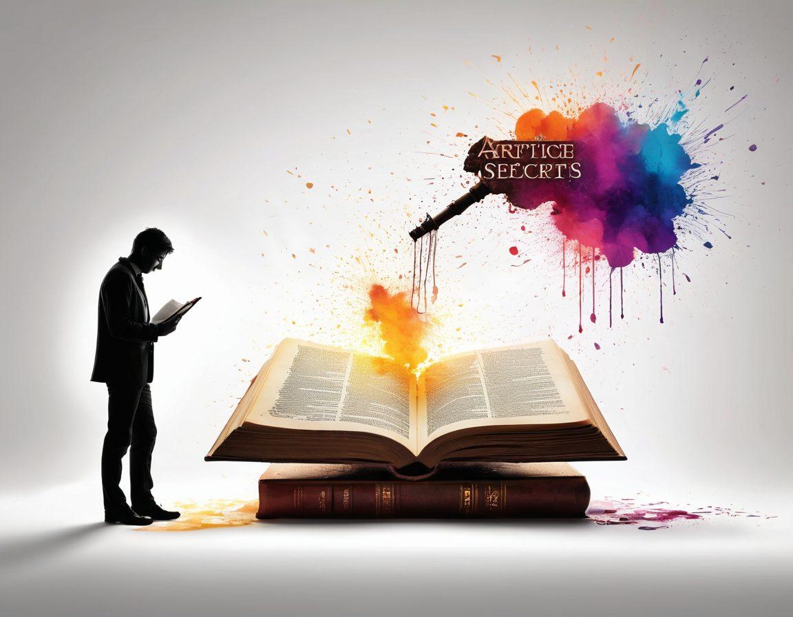 A mysterious key unlocking an ancient, glowing book titled 'Article Writing Secrets', surrounded by floating letters and vibrant ink splashes, symbolizing creativity and engagement. A silhouette of a writer in the background, contemplating their words. The atmosphere is infused with an ethereal glow, sparking inspiration. super-realistic. vibrant colors. white background.