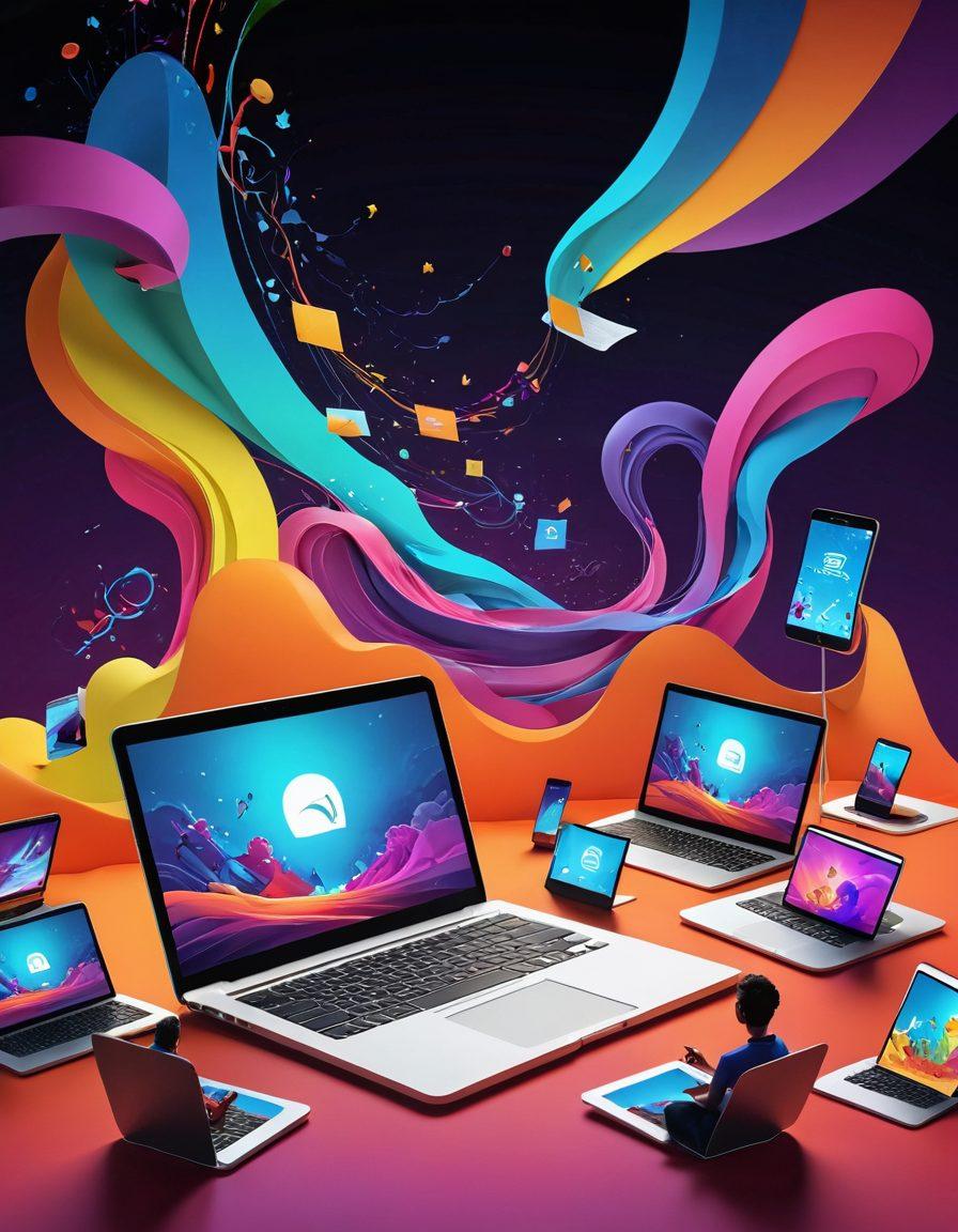 A vibrant digital landscape showcasing a diverse group of people engaging in storytelling through various devices like laptops, tablets, and smartphones. Include elements like swirling text, colorful graphics, and abstract shapes representing creativity and ideas flowing through the air. Make the scene feel dynamic and inviting, capturing the essence of digital storytelling. super-realistic. vibrant colors. 3D.