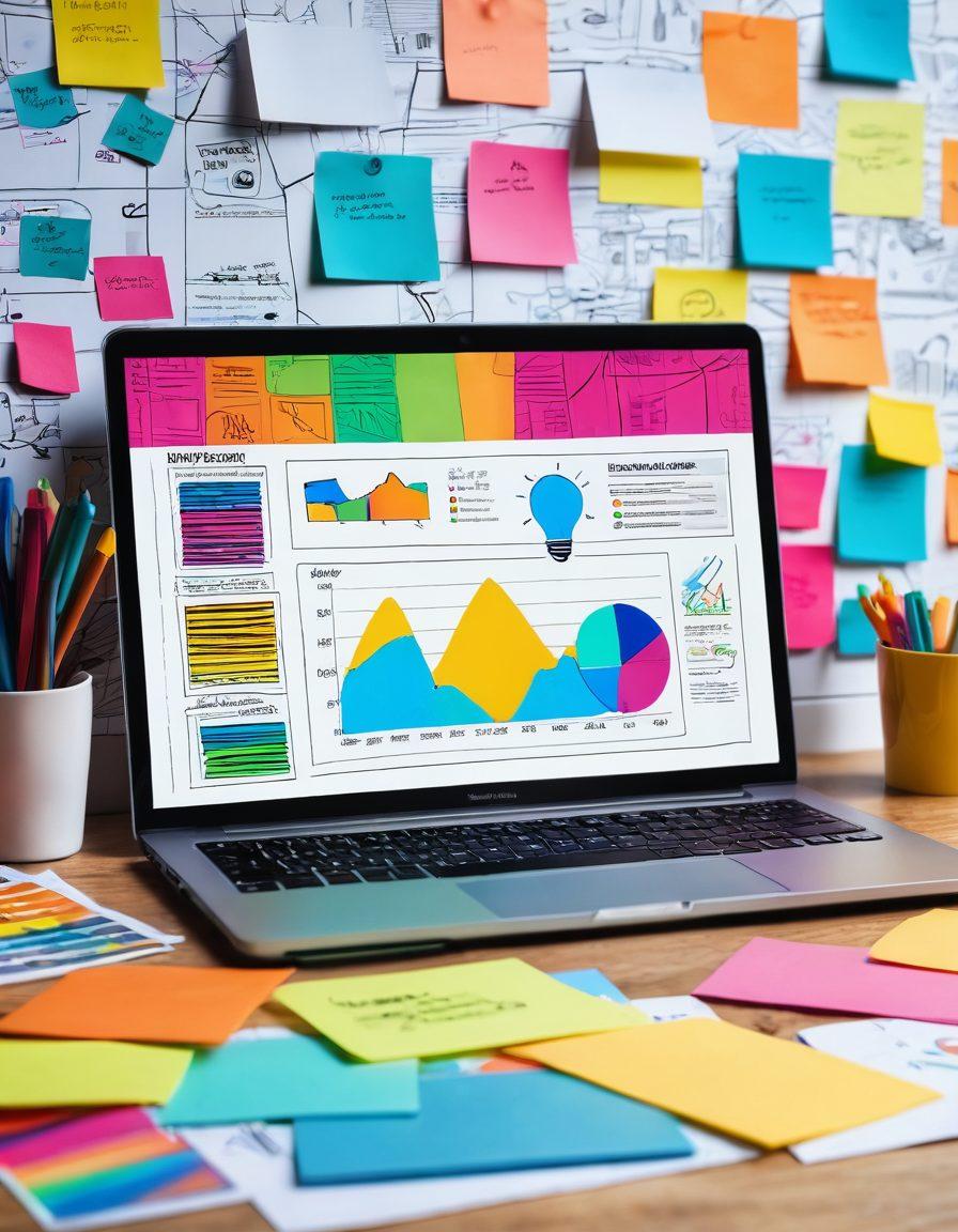 A dynamic workspace featuring a laptop with vibrant charts and graphs, surrounded by colorful sticky notes and brainstorming sketches, symbolizing creativity in content marketing. Viewers see a lightbulb above the laptop, representing innovative ideas. The background is a blend of abstract patterns reflecting digital engagement. super-realistic. vibrant colors. 3D.